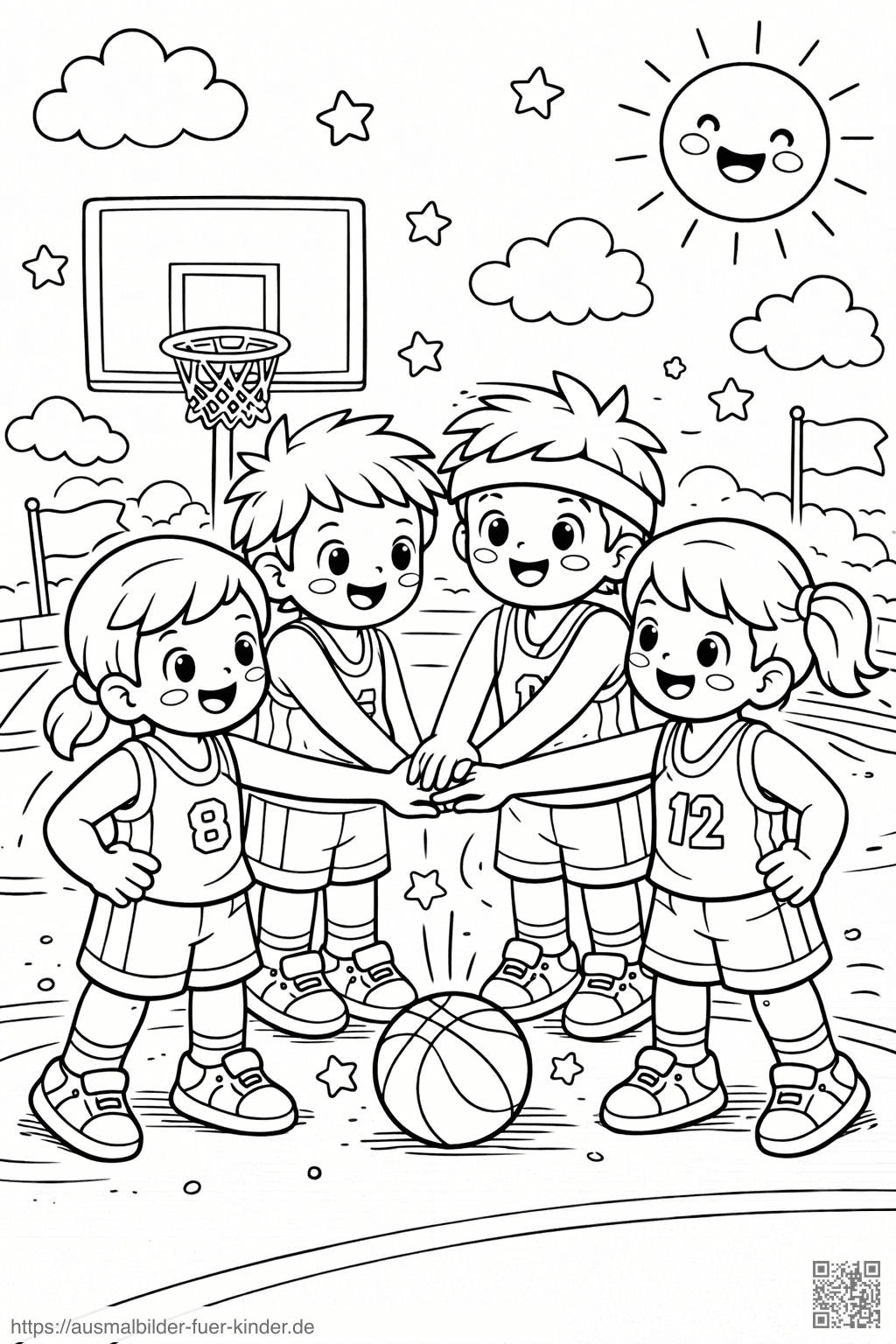 Kinder vereint auf dem Basketballplatz - Ausmalbild