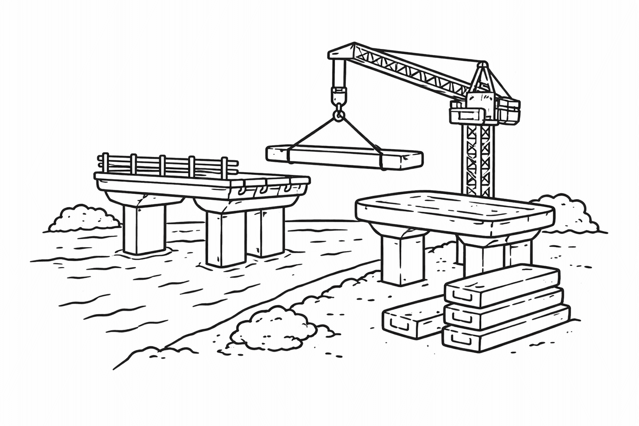 Brückenbau am Fluss - Ausmalbild