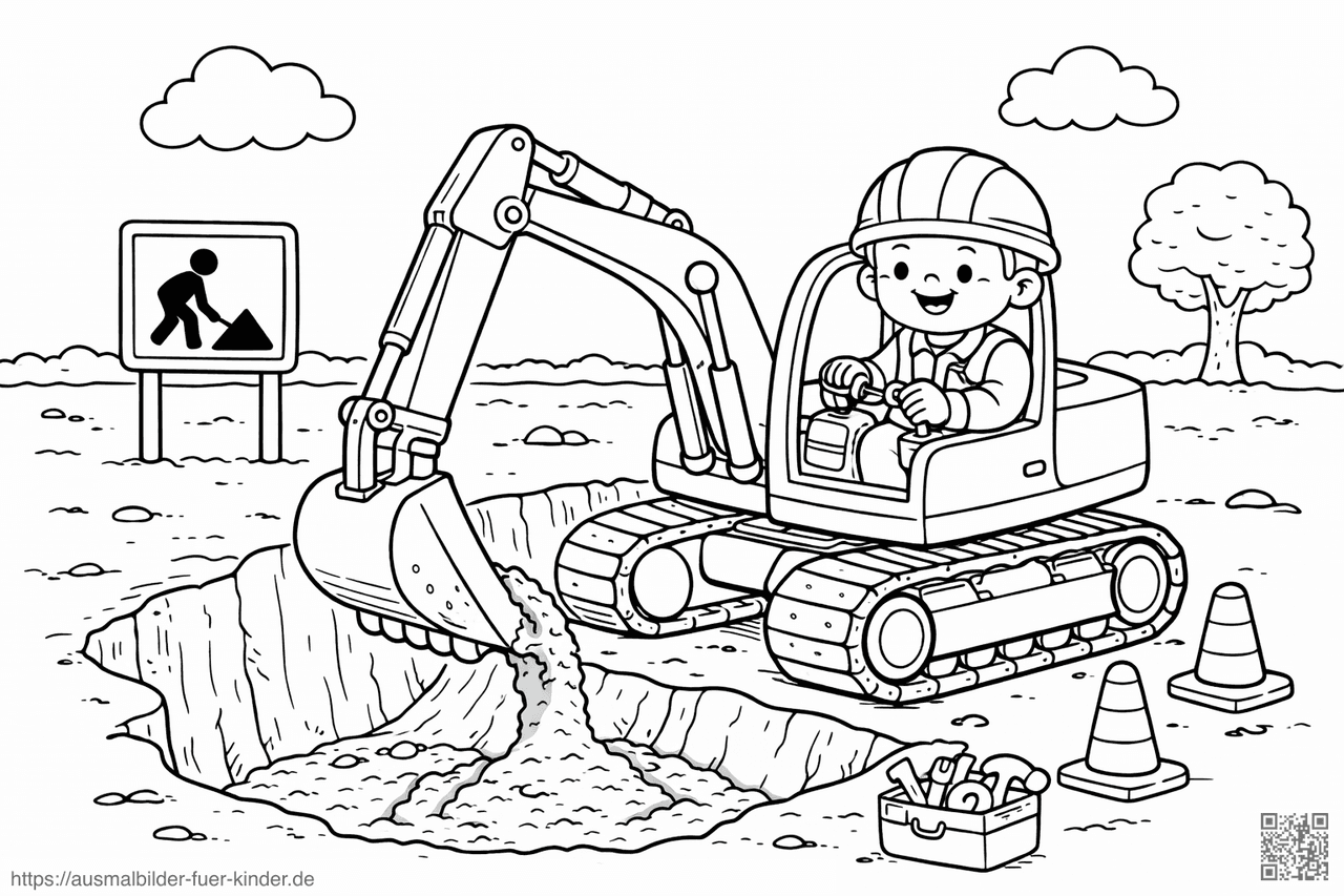Bauarbeiter im Bagger bei der Arbeit - Ausmalbild
