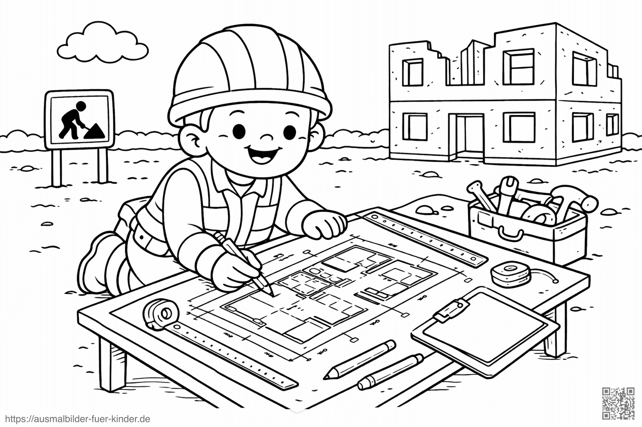 Bauarbeiter mit Bauplan am Tisch - Ausmalbild