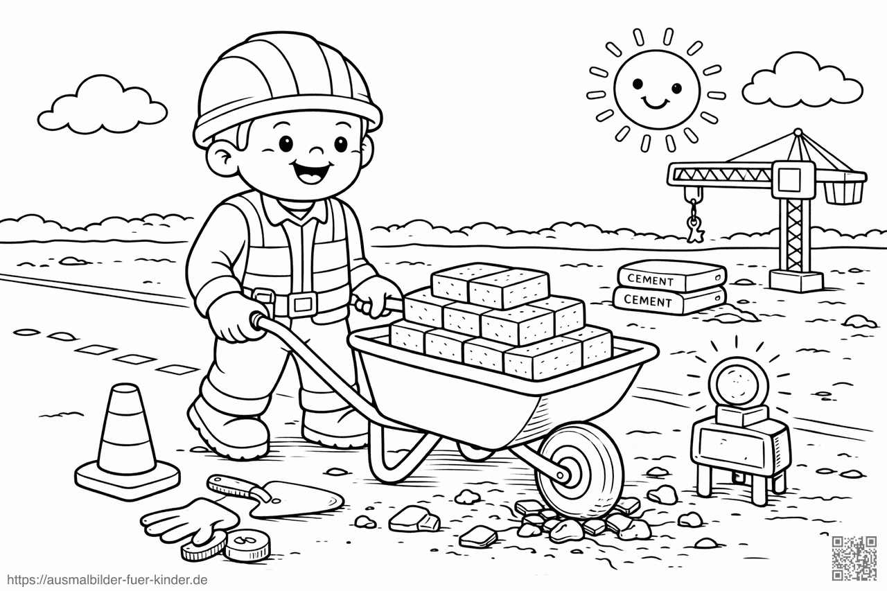 Bauarbeiter mit Schubkarre und Ziegeln - Ausmalbild