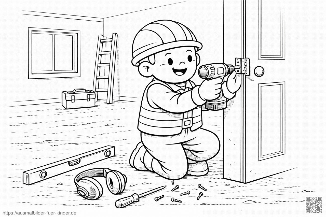 Bauarbeiter installiert eine Tür - Ausmalbild