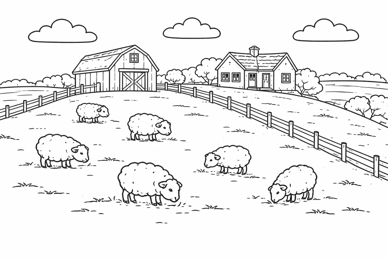 Kleine Farm auf Hügel - Ausmalbild