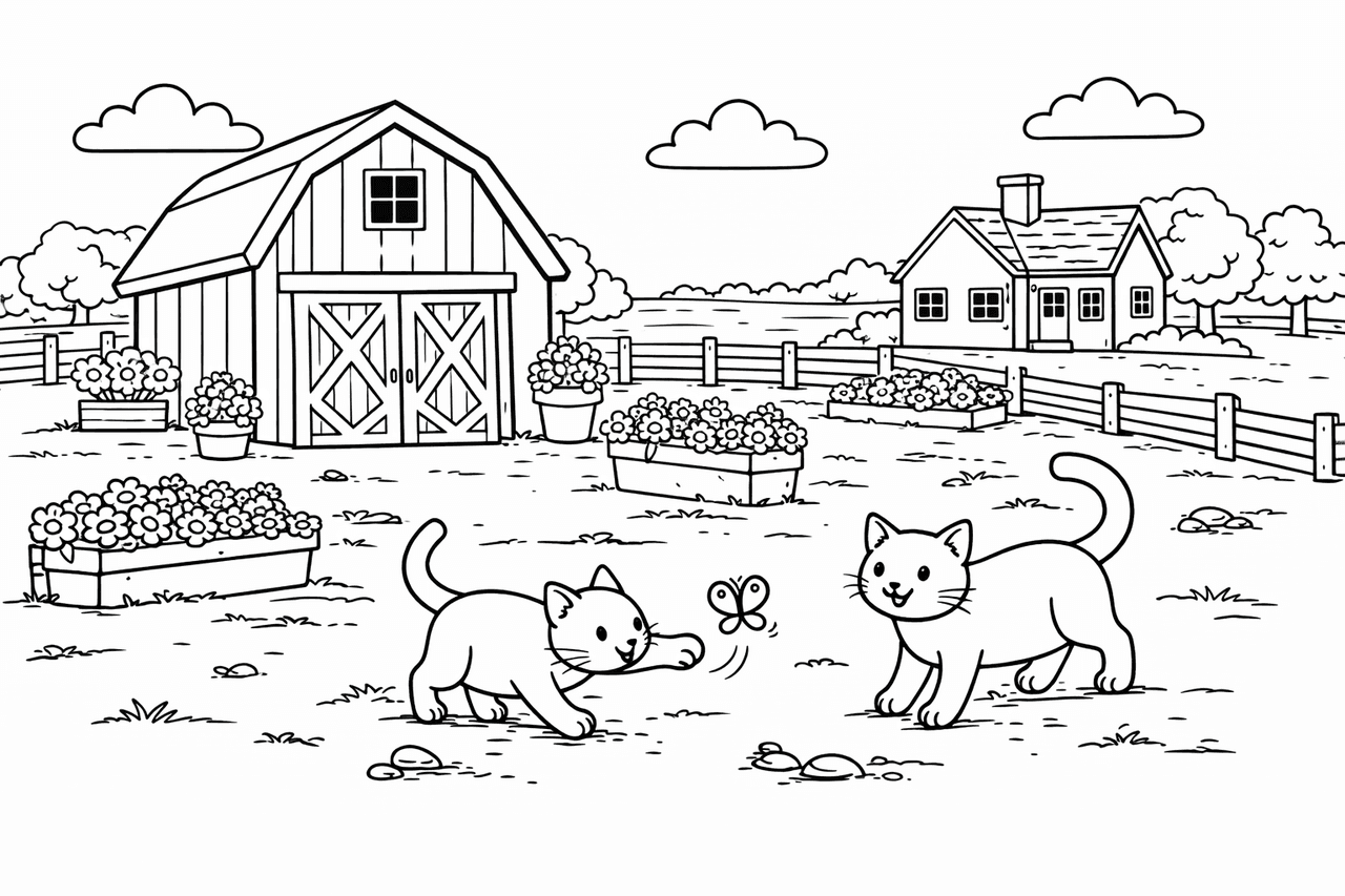Lebhafte Farm mit Katzen - Ausmalbild