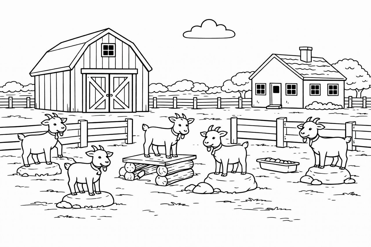 Ziegenhof mit Scheune - Ausmalbild