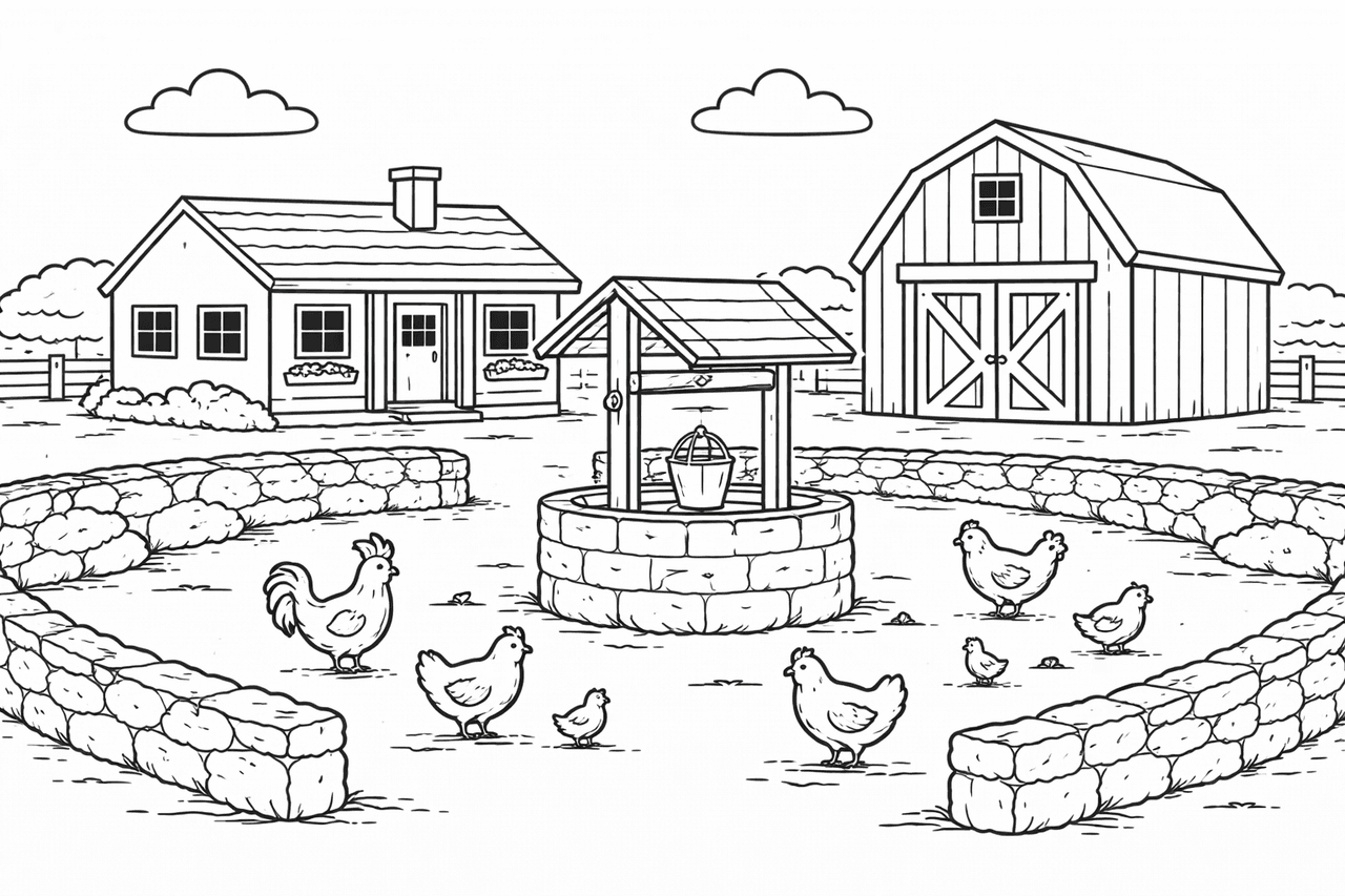 Bauernhof mit Brunnen - Ausmalbild