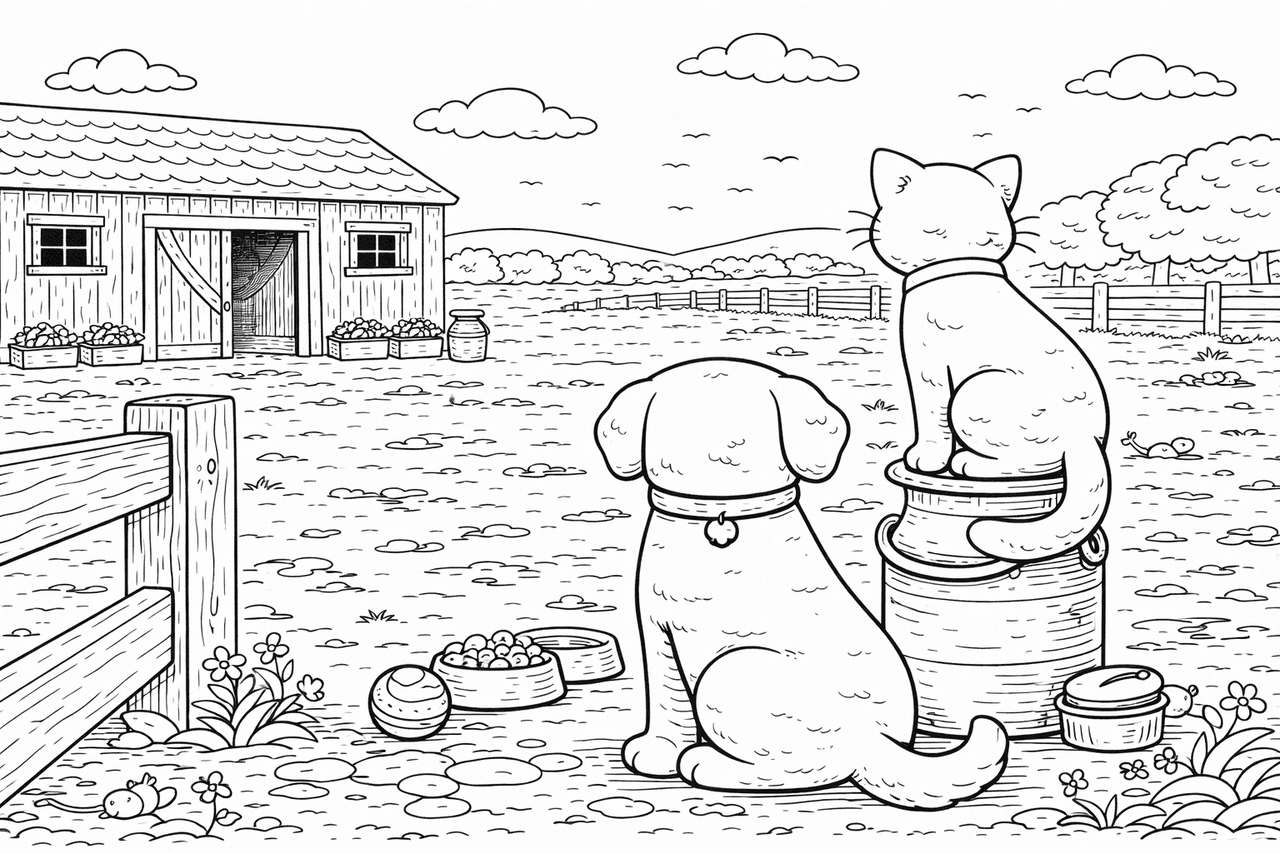 Bauernhof mit Hund und Katze - Ausmalbild