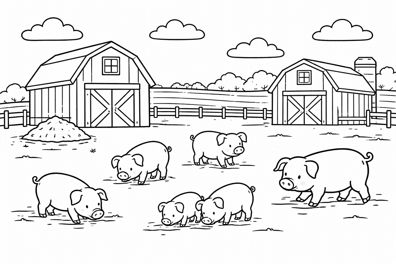 Bauernhof mit Schweinen - Ausmalbild