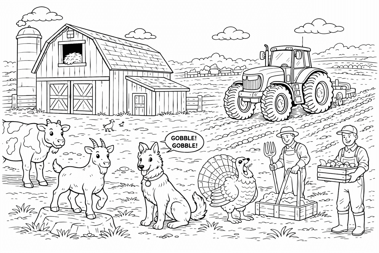 Bauernhof mit Tieren - Ausmalbild