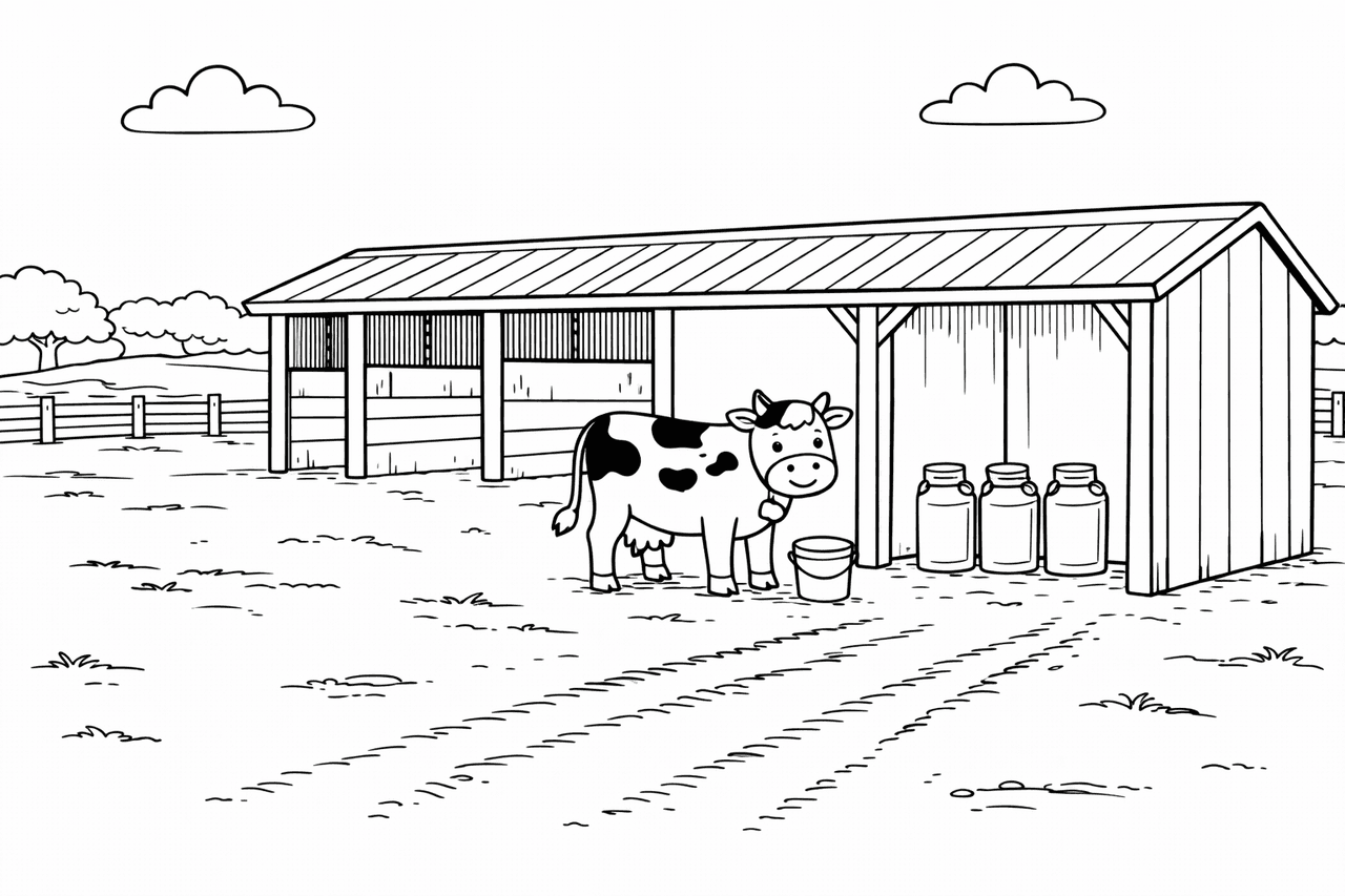 Bauernhof mit melkender Kuh - Ausmalbild