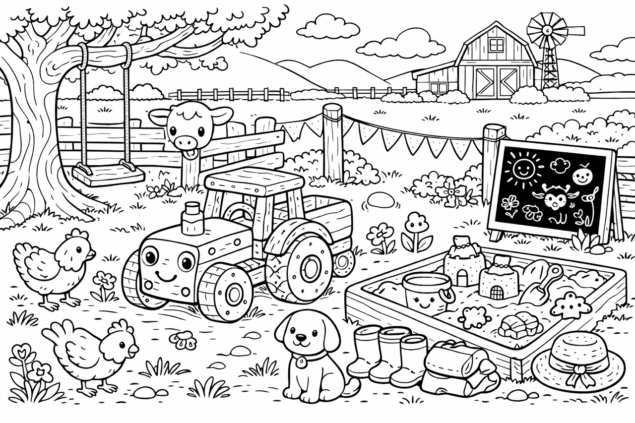 Bauernhof-Spielplatz mit Traktor - Ausmalbild