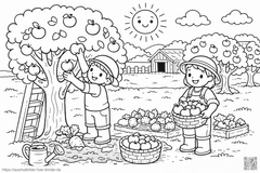 Apfelernte auf dem Bauernhof - Ausmalbild