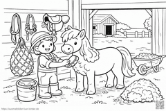 Bäuerin bürstet Pony im Stall - Ausmalbild