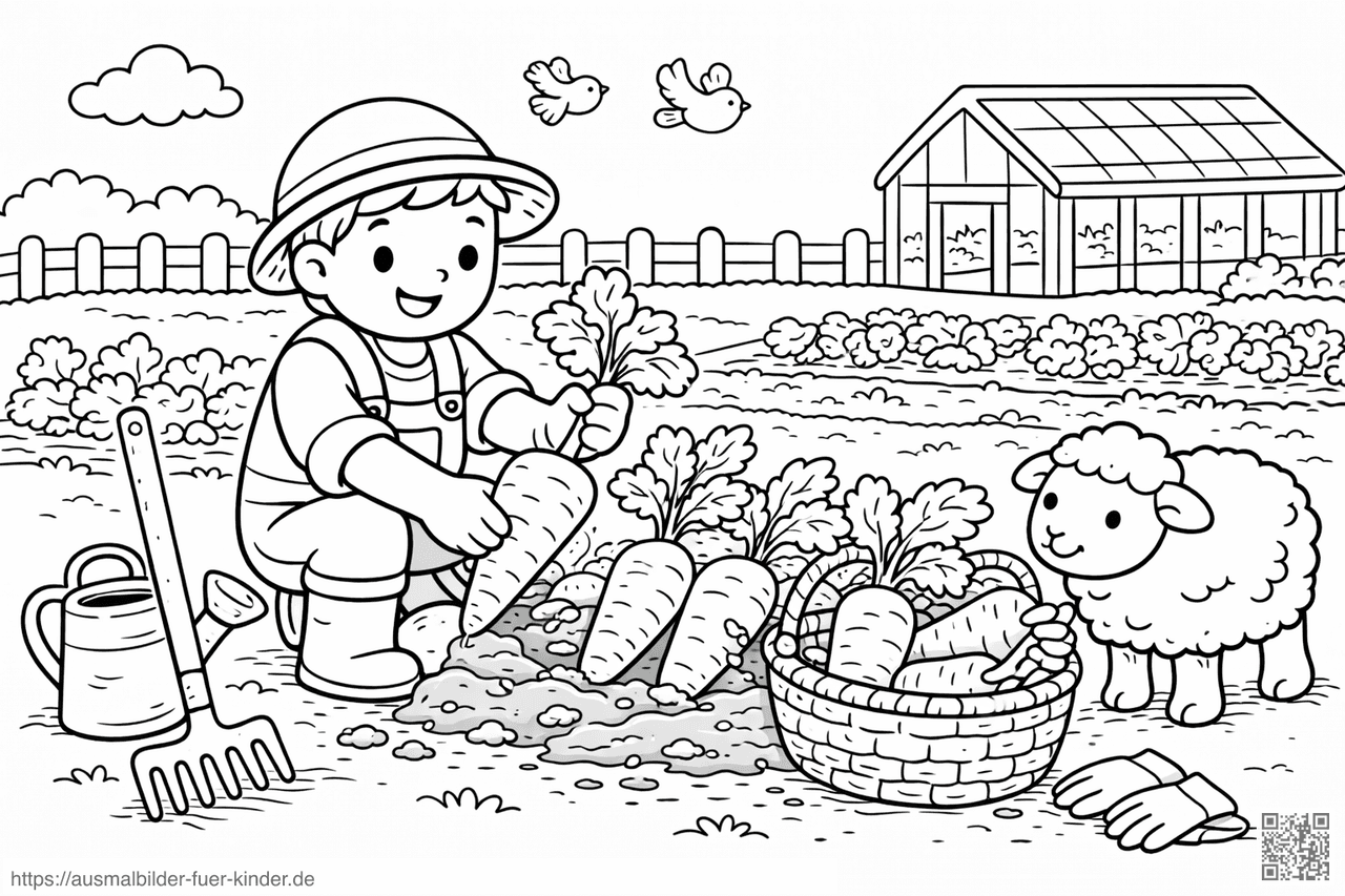 Bauer erntet Karotten im Garten - Ausmalbild
