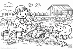 Bauer erntet Karotten im Garten - Ausmalbild