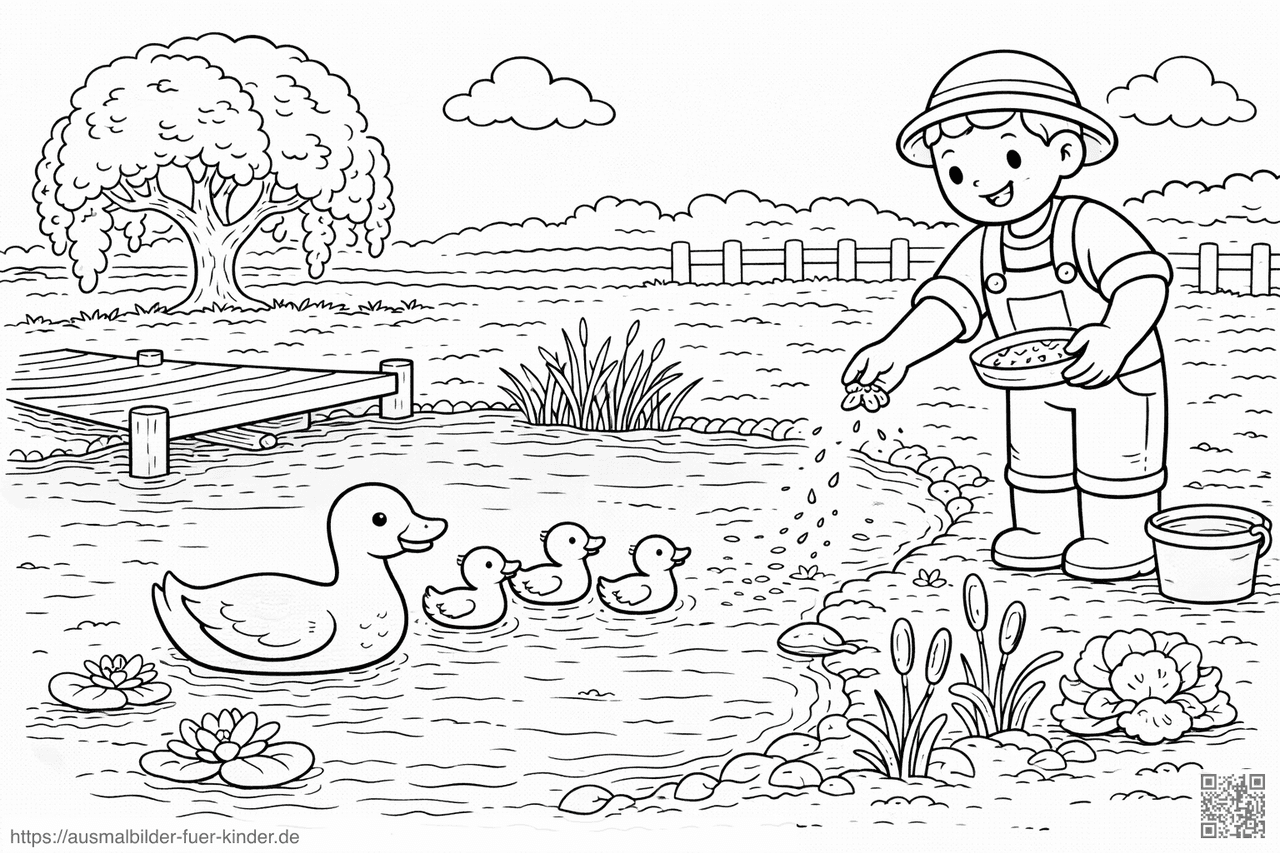 Bauer füttert Enten am Teich - Ausmalbild