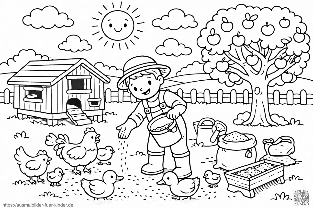 Bauer füttert Hühner und Enten - Ausmalbild