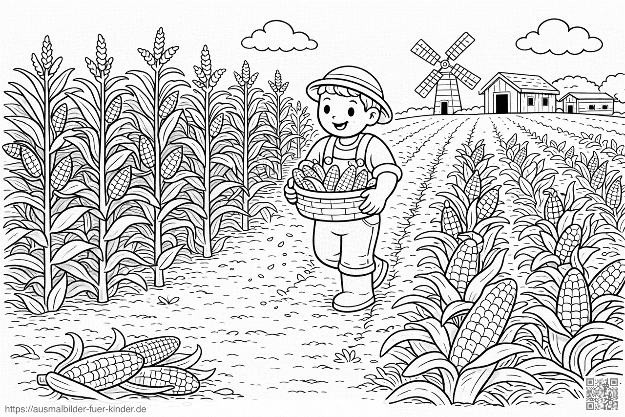 Bauer im Maisfeld mit Erntekorb - Ausmalbild