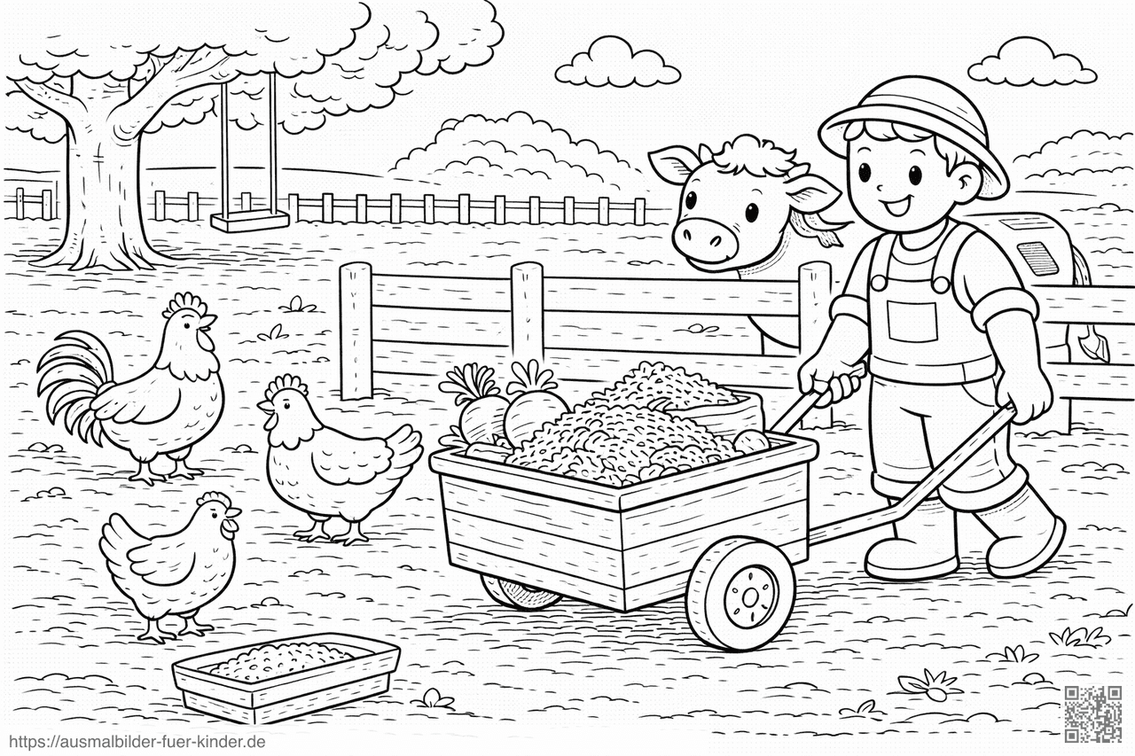 Bauer mit Wagen und Tieren - Ausmalbild