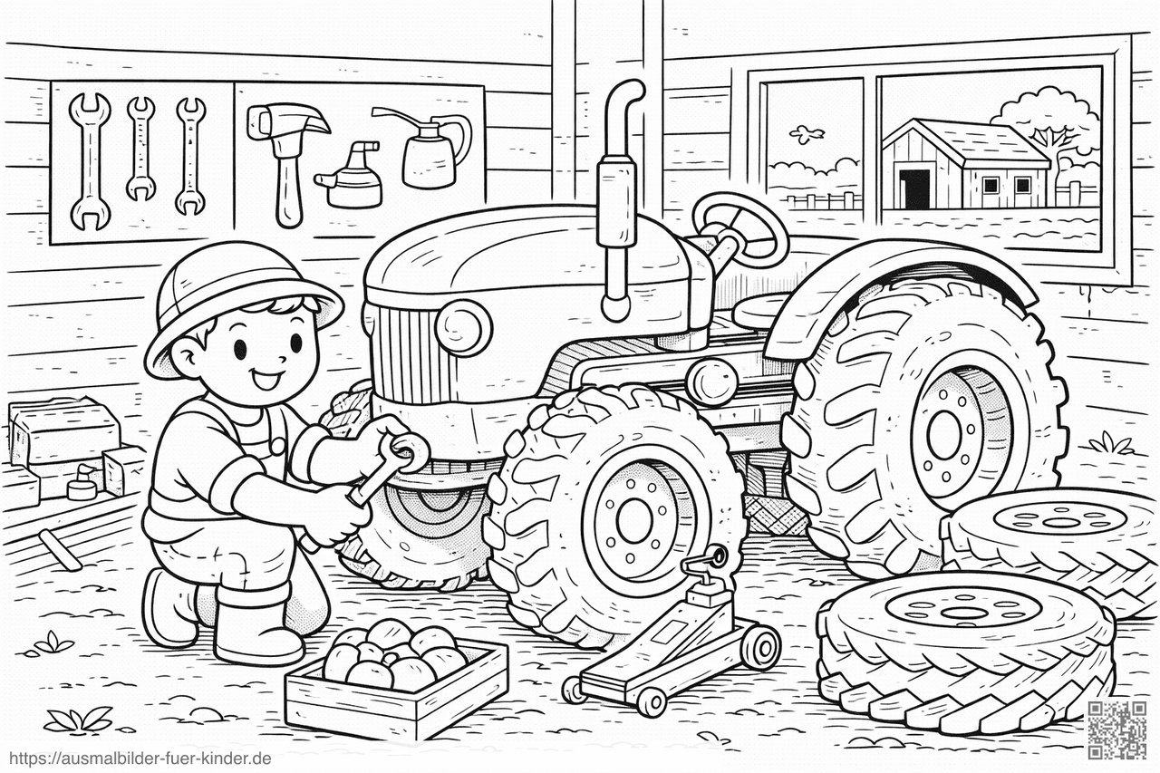 Bauer repariert Traktor in der Werkstatt - Ausmalbild