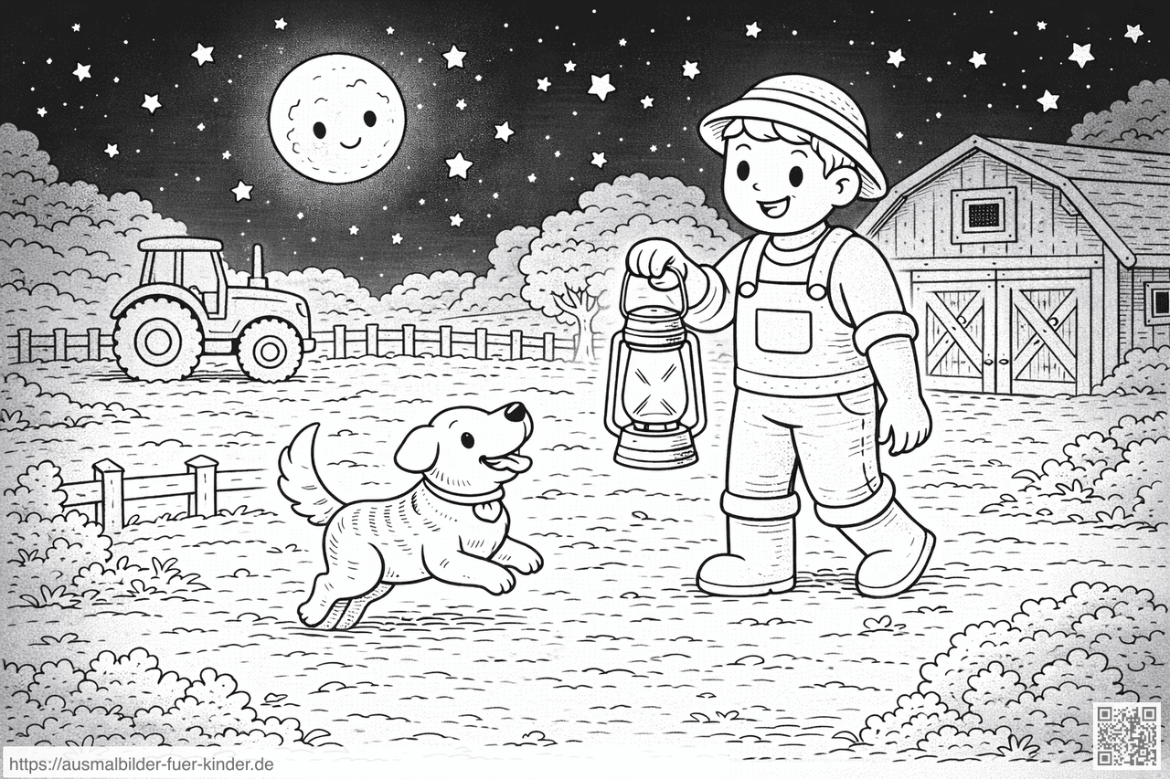 Bauer und Hund im Mondschein - Ausmalbild
