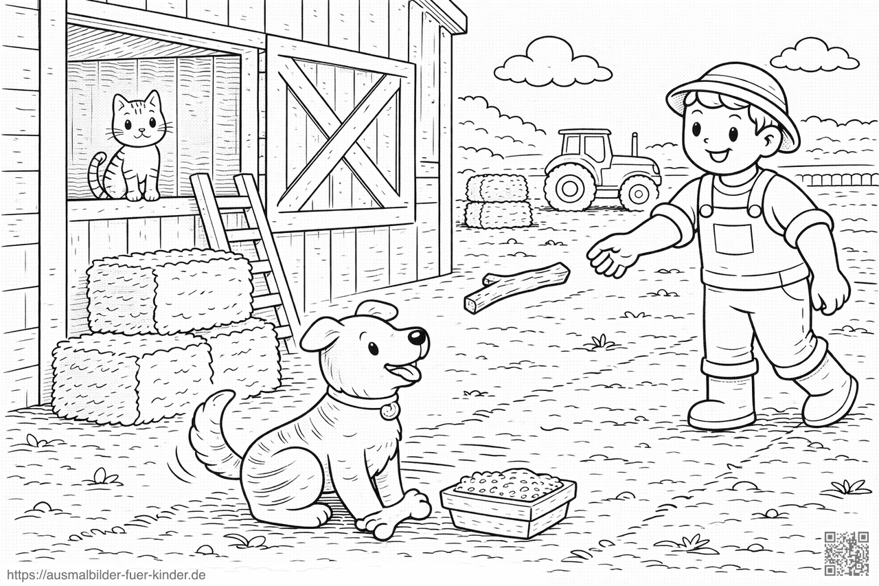 Bauer mit Hund und Katze auf dem Hof - Ausmalbild