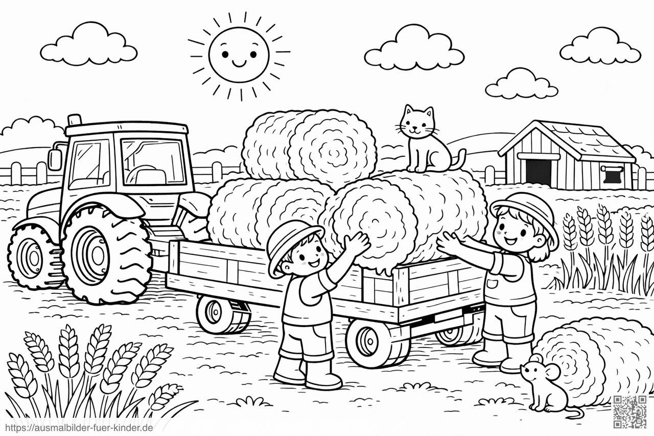 Bauern bei der Heuernte mit Katze - Ausmalbild