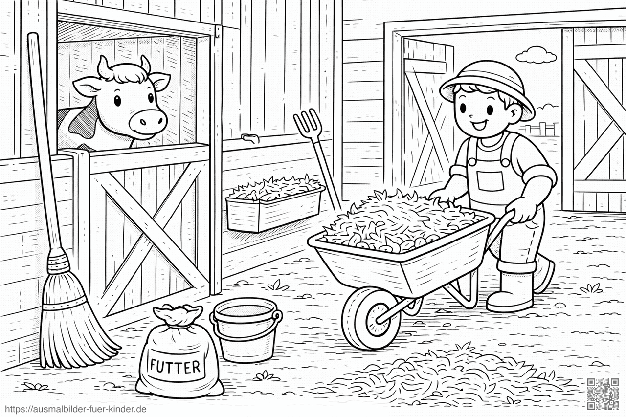 Bauernhof mit Heuwagen und Kuh - Ausmalbild