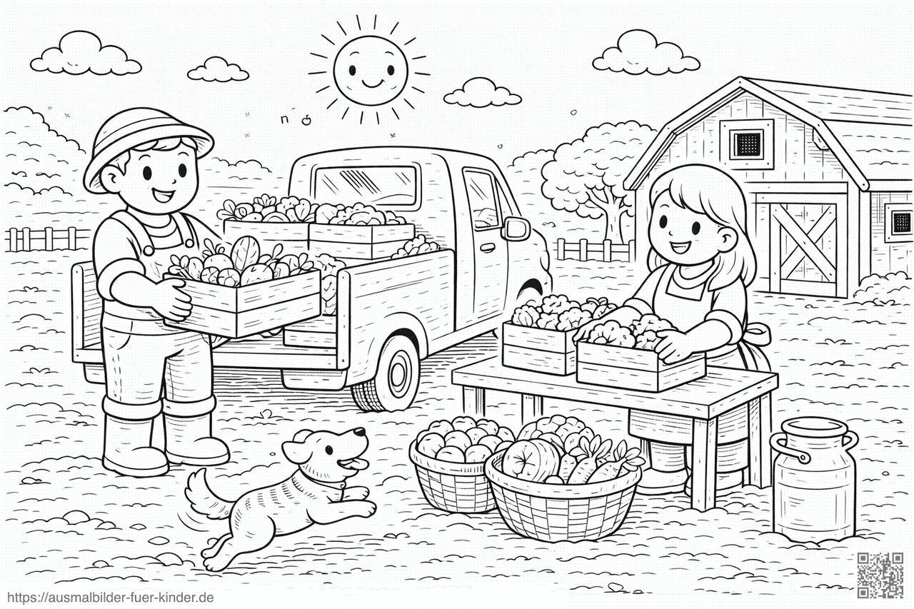 Bauernpaar bei der Erntearbeit - Ausmalbild