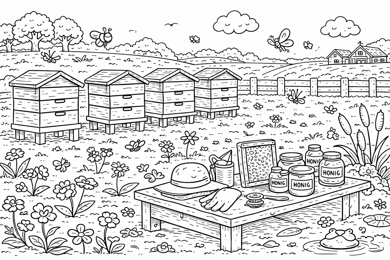 Bienenfarm im Garten mit Honig - Ausmalbild