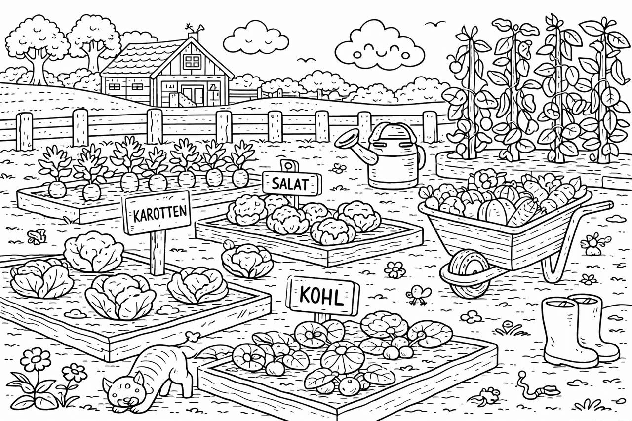 Bunte Gartenszene im Detail - Ausmalbild