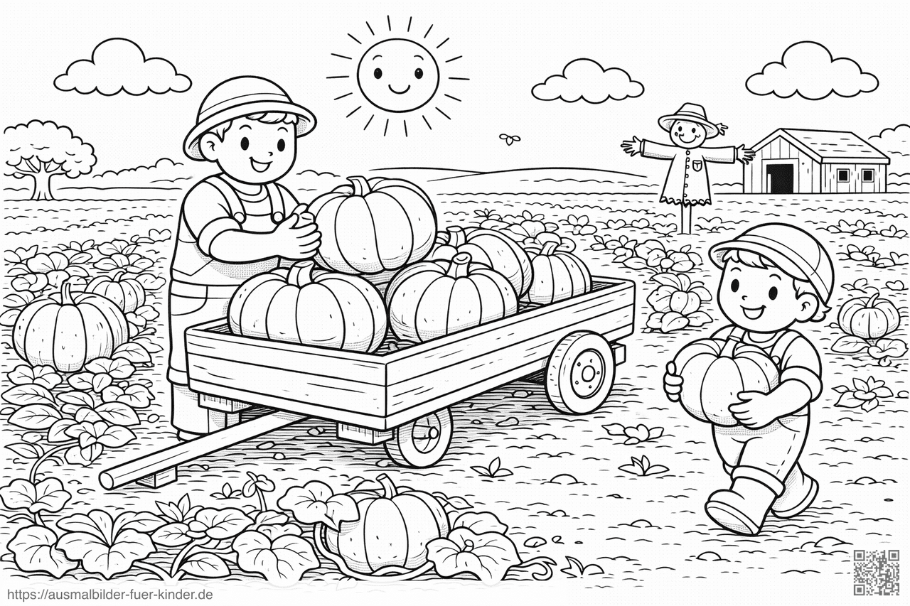 Erntezeit im Kürbisfeld - Ausmalbild