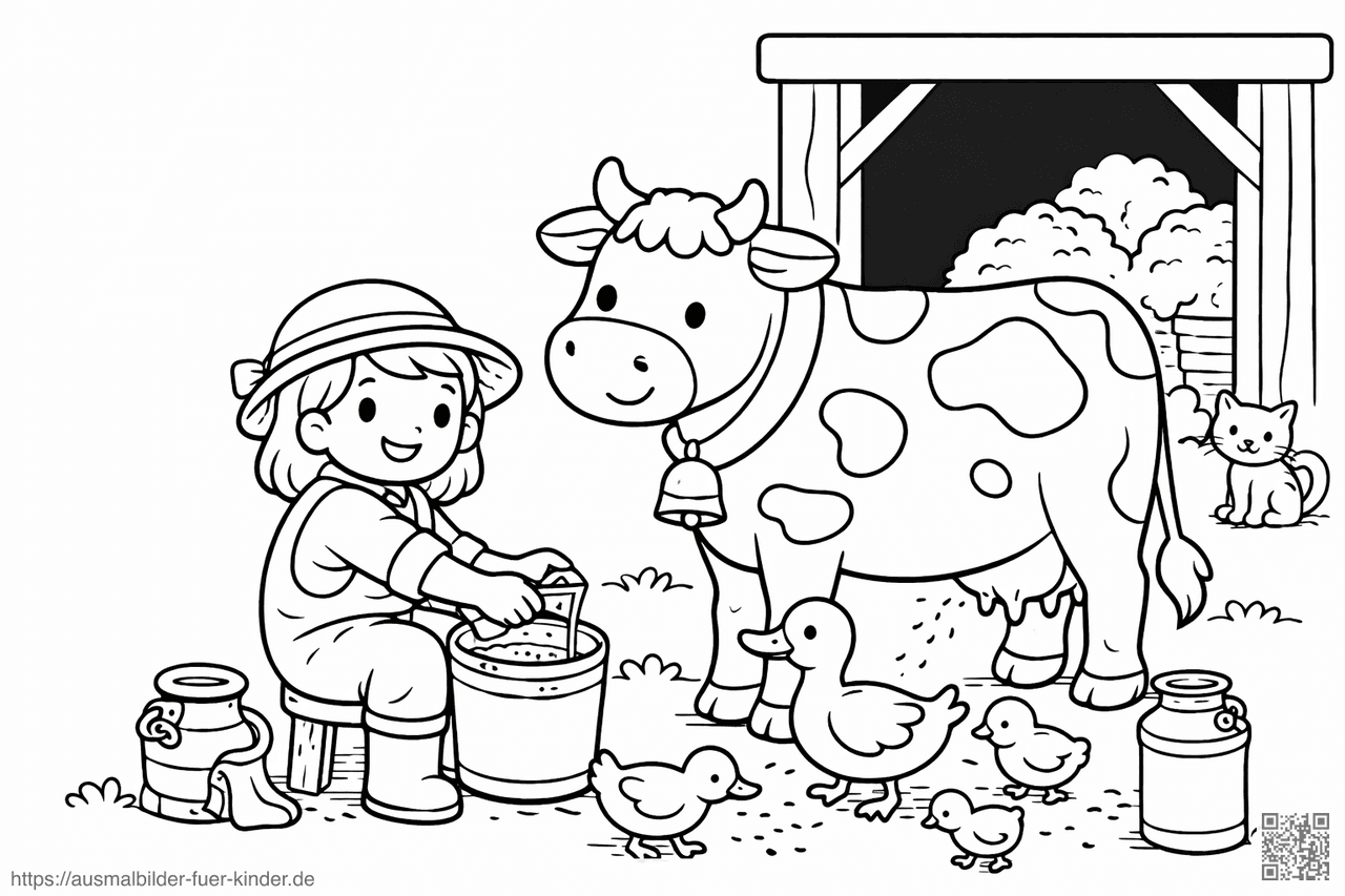 Fröhliche Bäuerin beim Melken - Ausmalbild