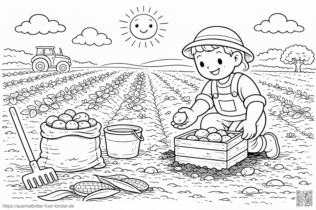 Fröhliche Bäuerin im Kartoffelfeld - Ausmalbild