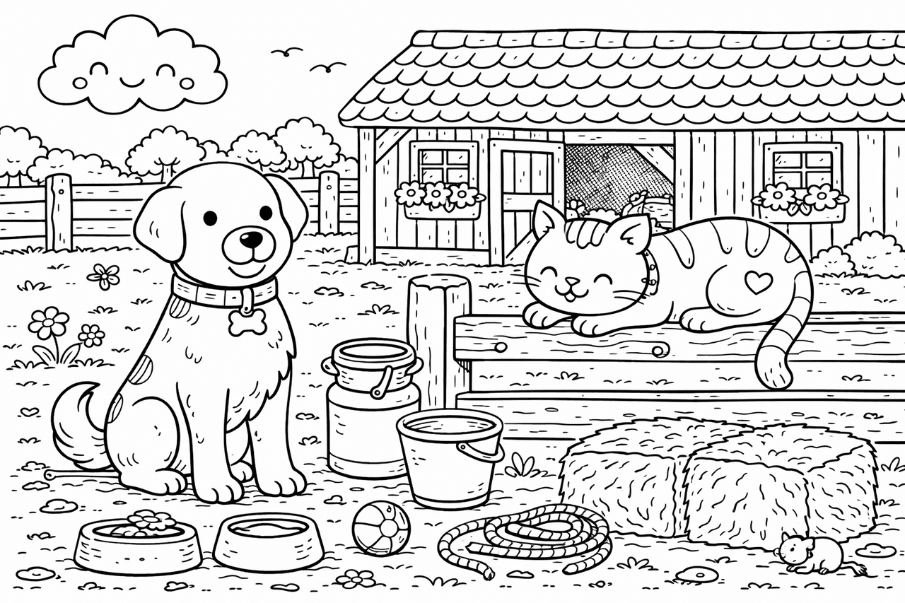 Landleben mit Hund und Katze - Ausmalbild
