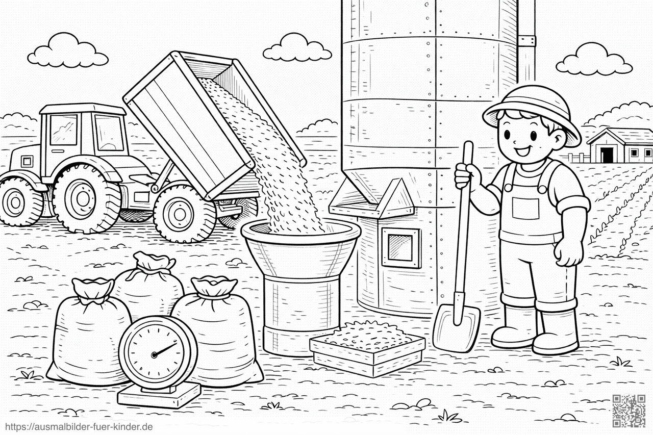 Landwirt mit Silozufuhr und Ernte - Ausmalbild