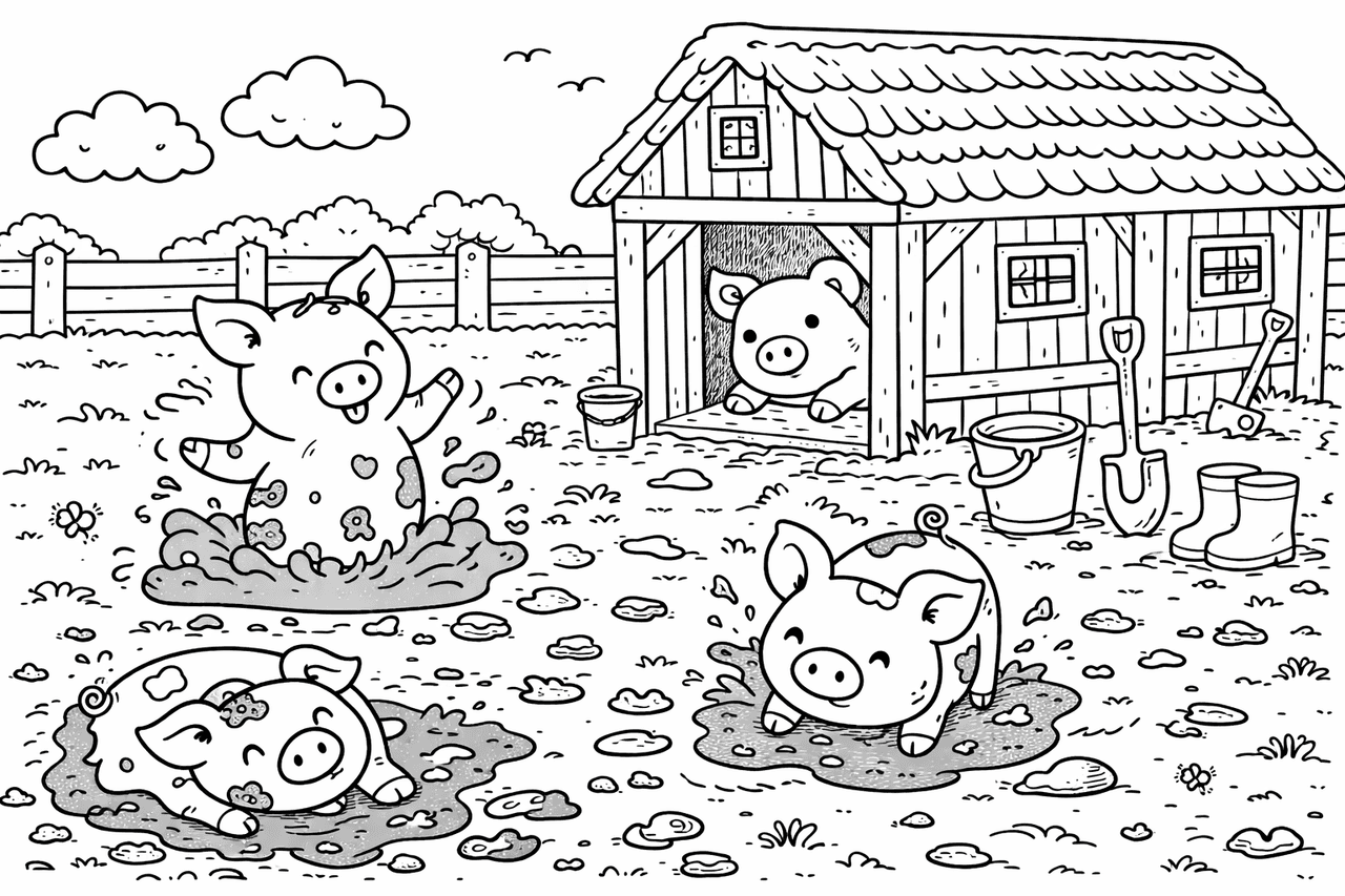 Spaßige Schweine im Matsch - Ausmalbild