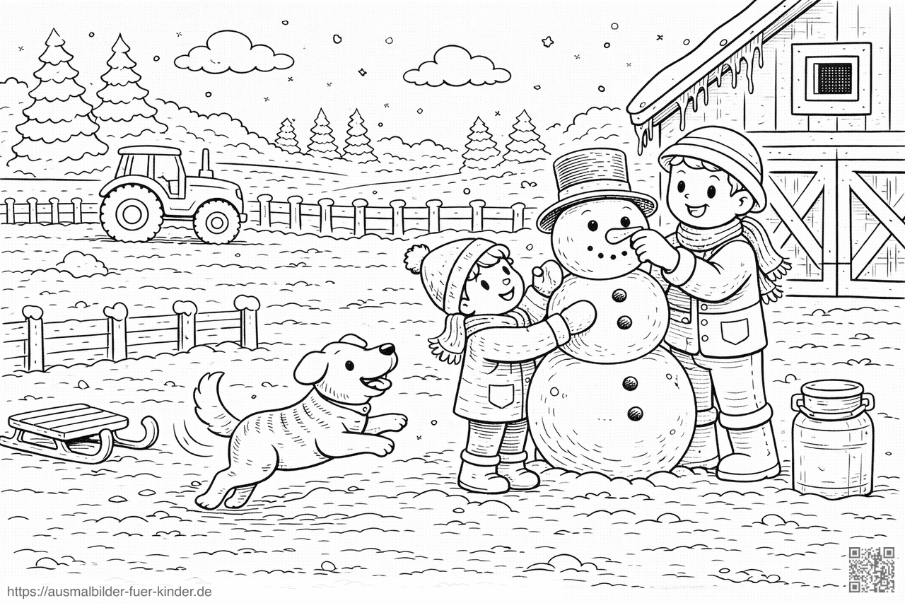 Winterspaß auf dem Bauernhof - Ausmalbild
