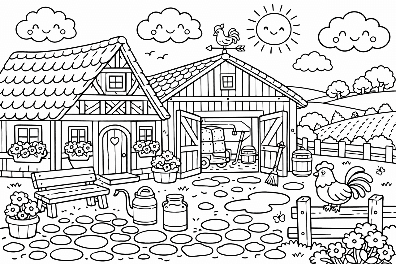 Bauernhof im ländlichen Deutschland - Ausmalbild