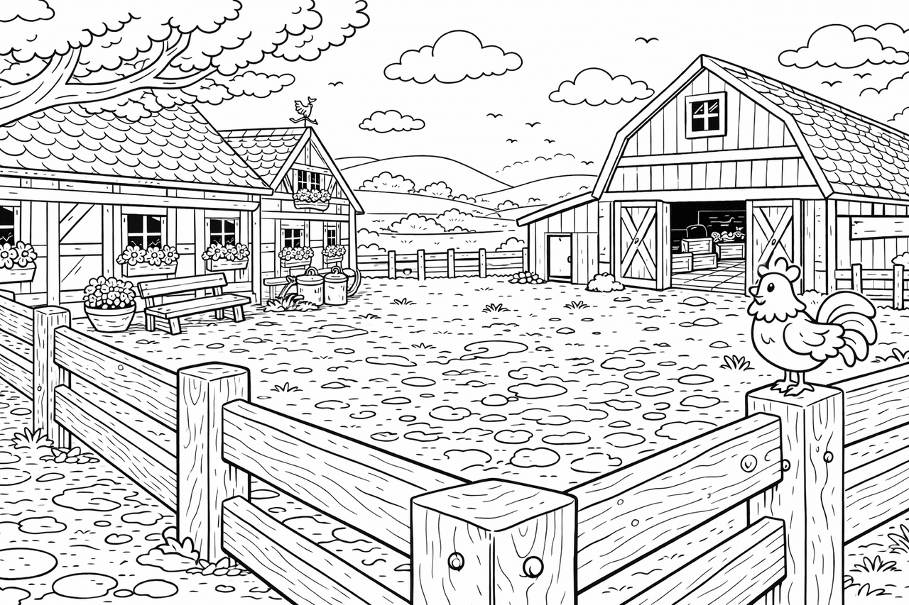 Bauernhofszene mit Hahn - Ausmalbild
