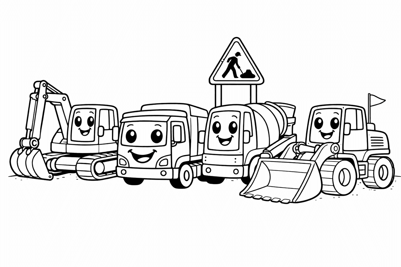 Baufahrzeuge im freundlichen Design - Ausmalbild