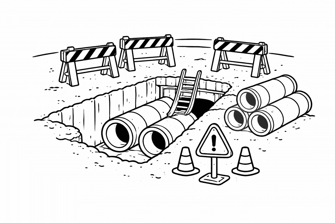 Baugrube mit Rohren - Ausmalbild