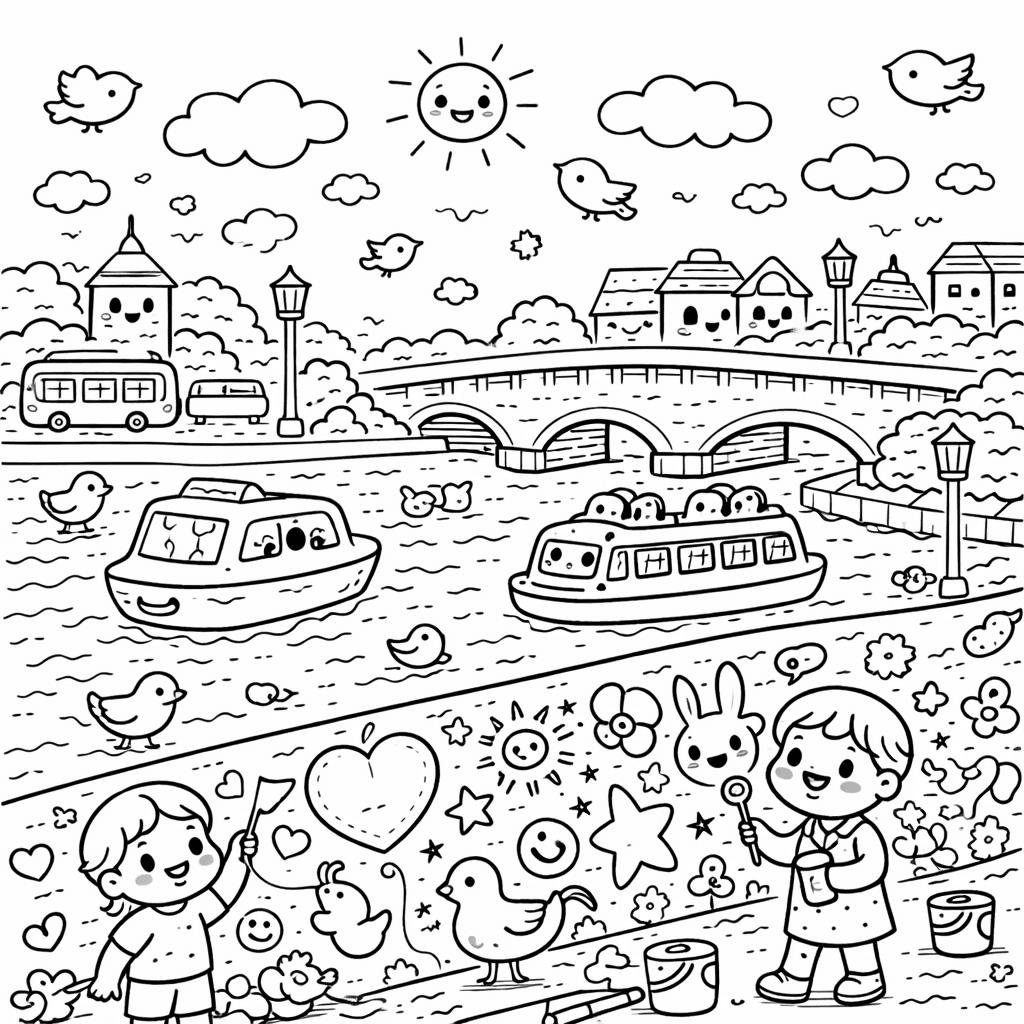 Kinder am Spreeufer - Ausmalbild