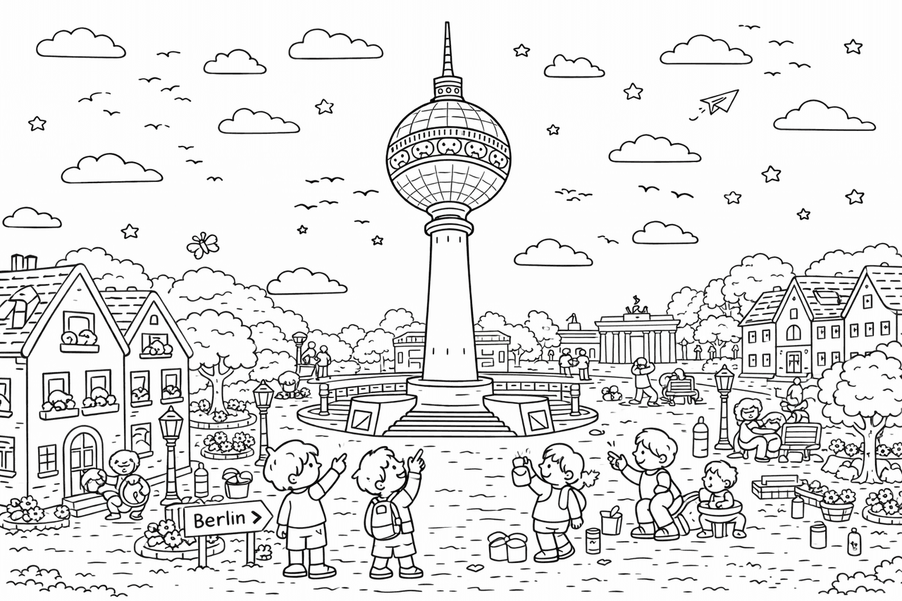 Wimmelbild: Berlin bei Tag - Ausmalbild