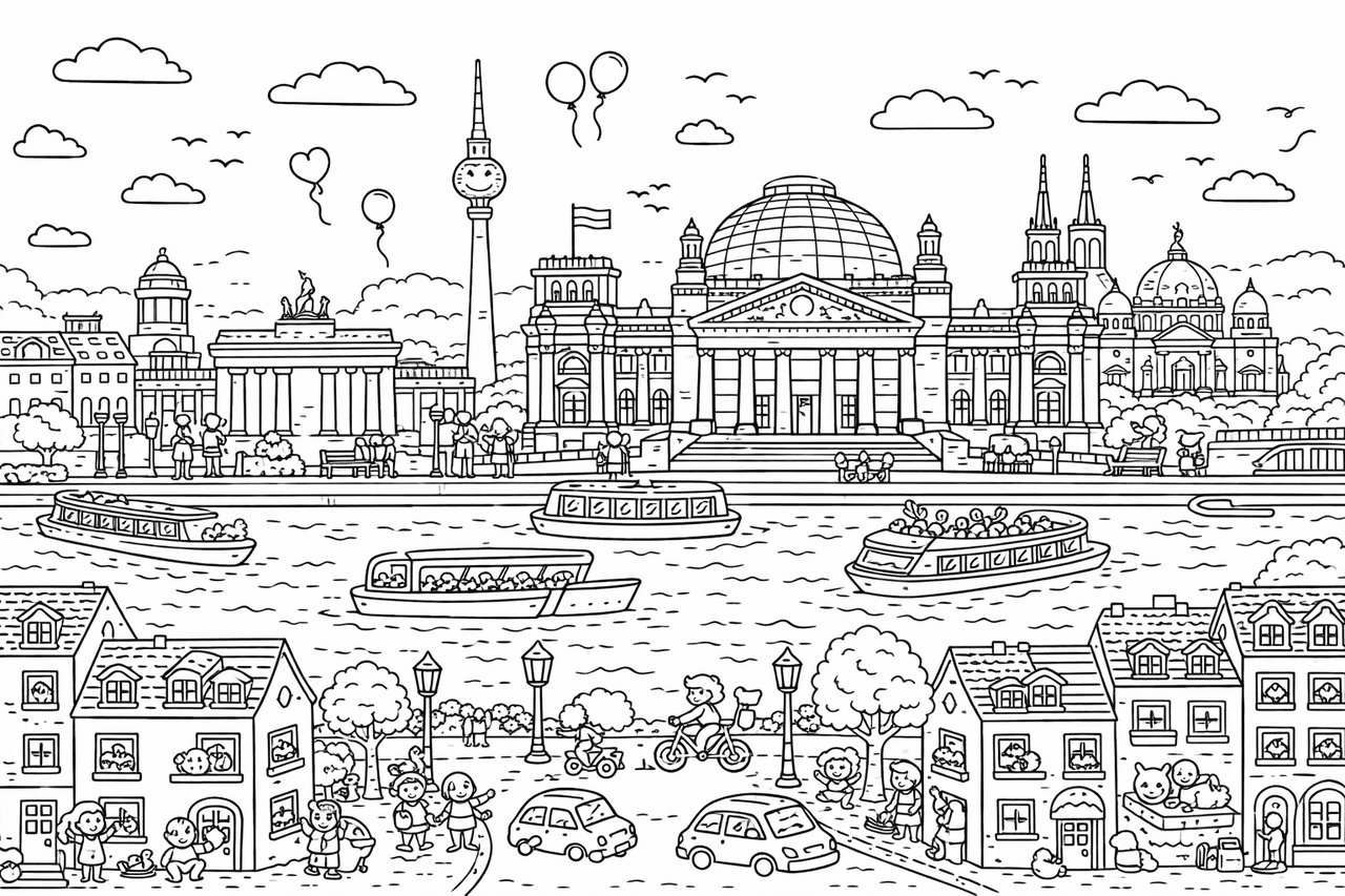 Wimmelbild: Berliner Skyline schwarz-weiß - Ausmalbild