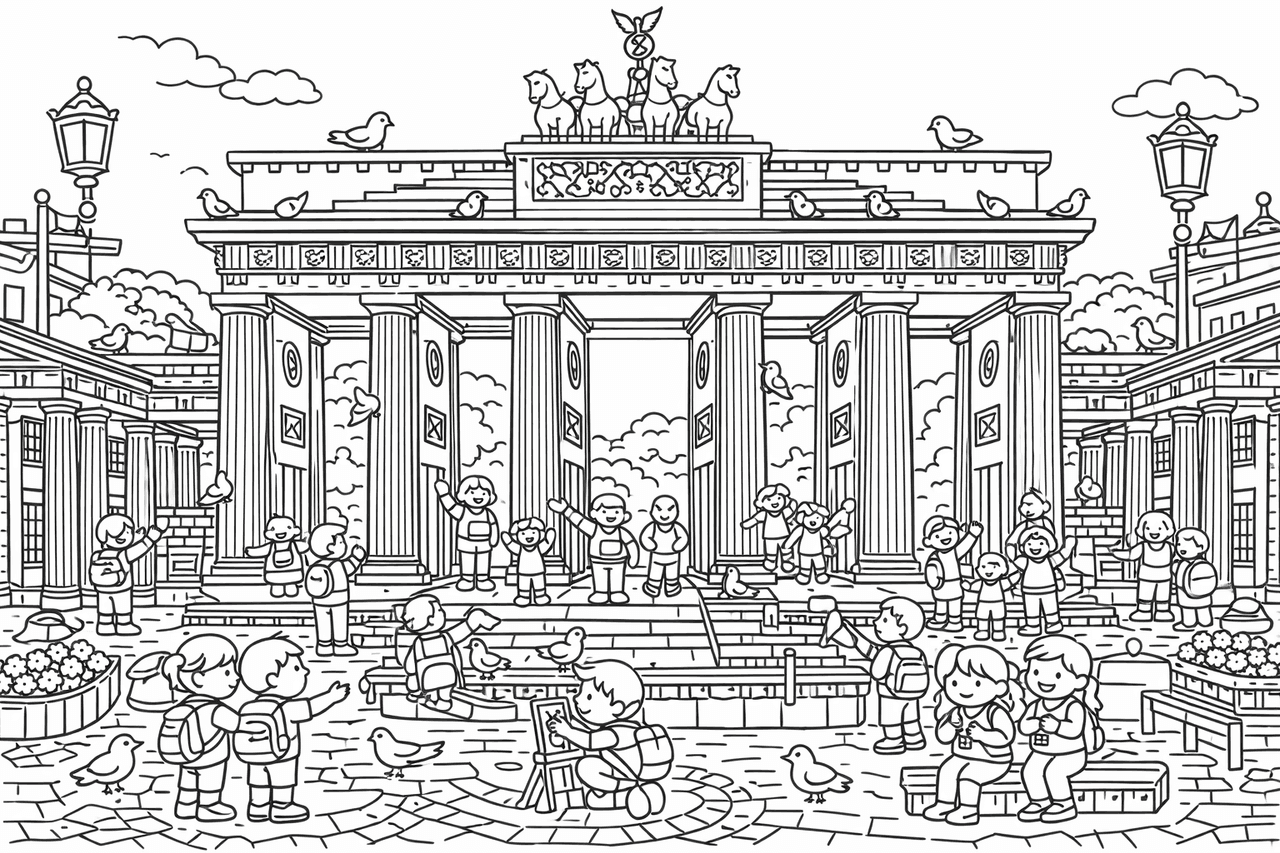 Wimmelbild: Brandenburger Tor detailliert - Ausmalbild