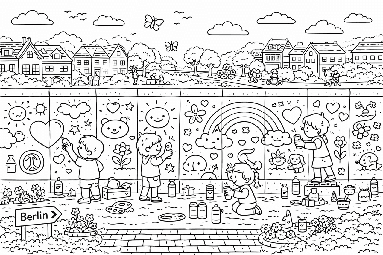 Wimmelbild: Kinder bemalen Berliner Mauer - Ausmalbild