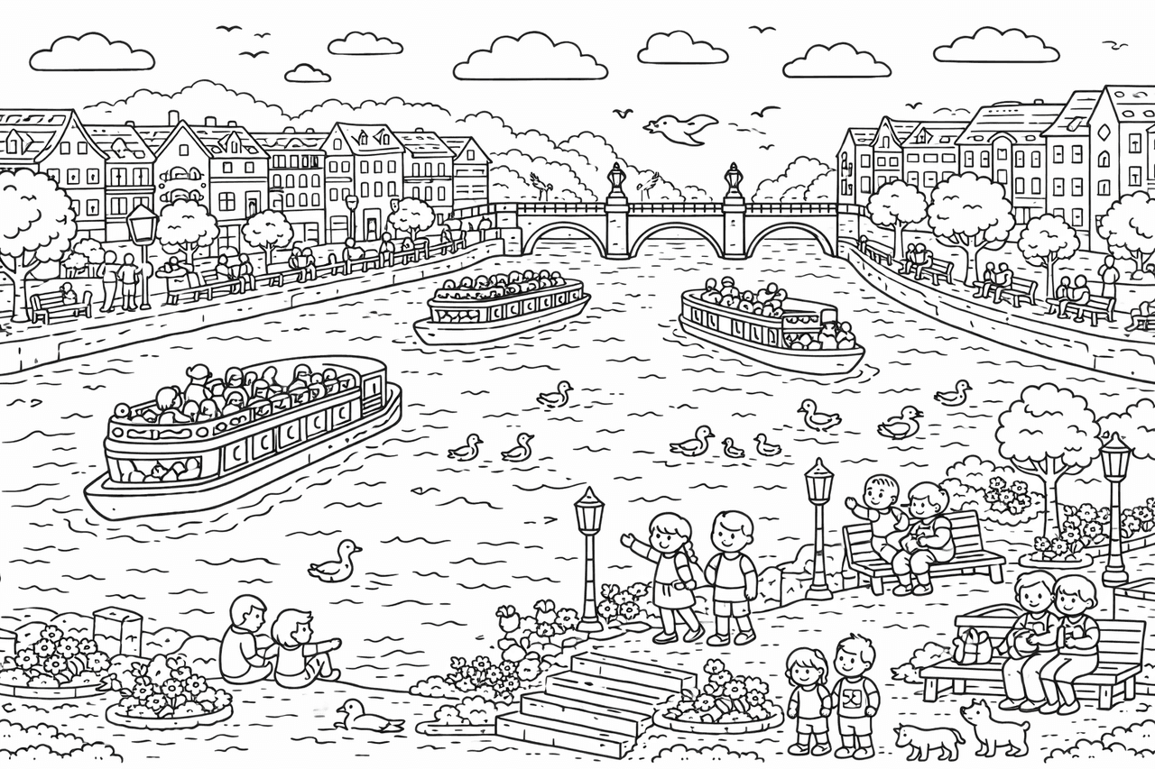 Wimmelbild: Spreeufer mit Brücke - Ausmalbild
