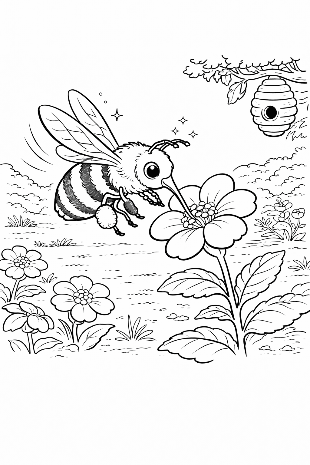 Biene sammelt Nektar - Ausmalbild