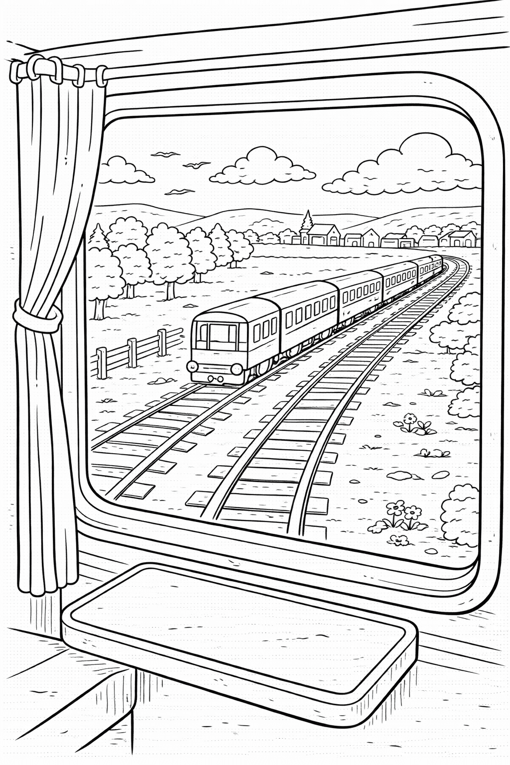 Blick aus dem Zugfenster - Ausmalbild